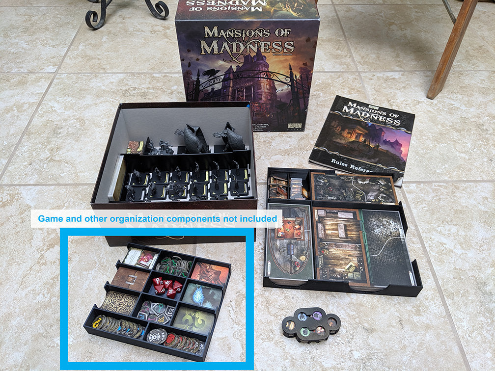 Mansions of Madness component tray shown with the full organizer set (game and other sections not included)