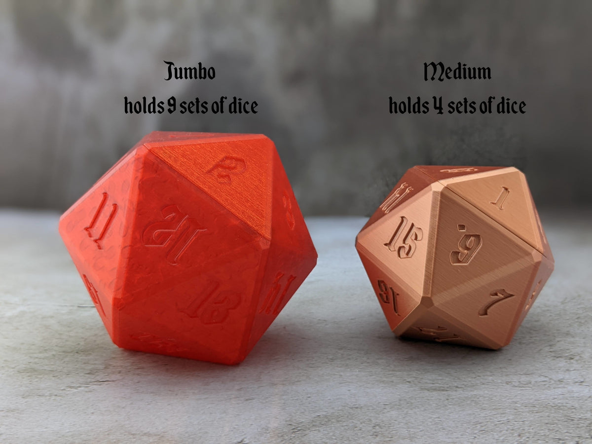 Jumbo D20 dice vault, which holds 9 sets of dice, next to the medium size, which holds 4