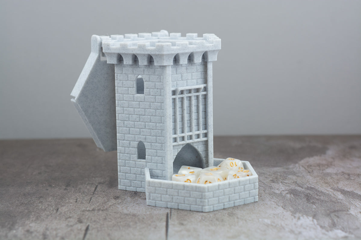 White castle dice tower with the lid open and dice stored in the tray