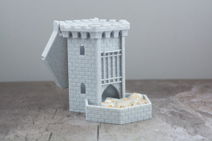 White castle dice tower with the lid open and dice stored in the tray