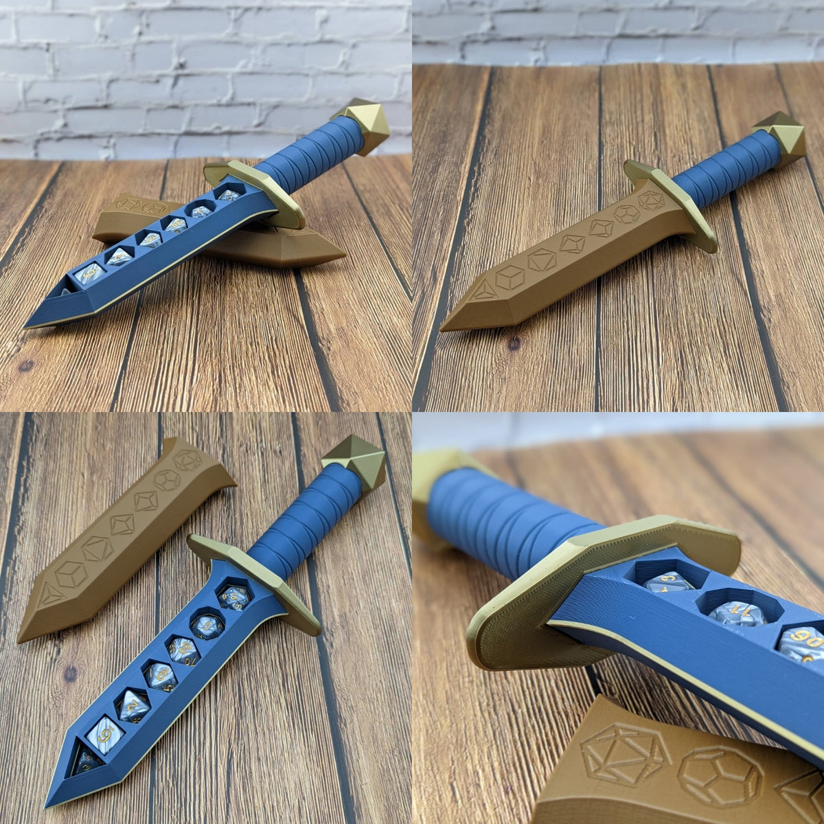 Blue and gold dice holding dagger from several angles, with and without its sheath