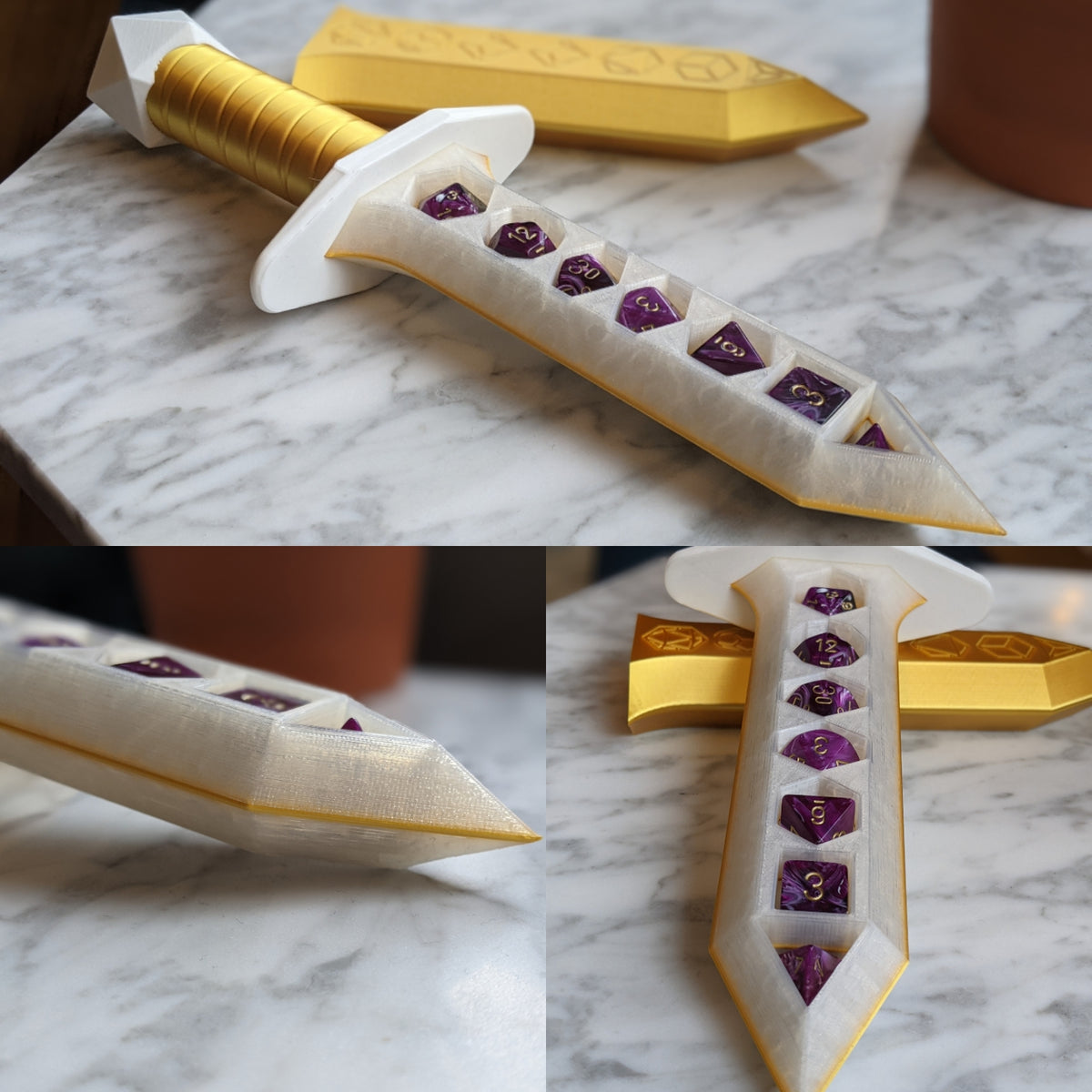 White and gold dice holding dagger, with close-ups of the blade holding purple dice
