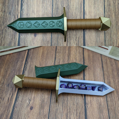 Dice holding dagger with a green sheath and gold pommel, sheathed and drawn to show purple dice