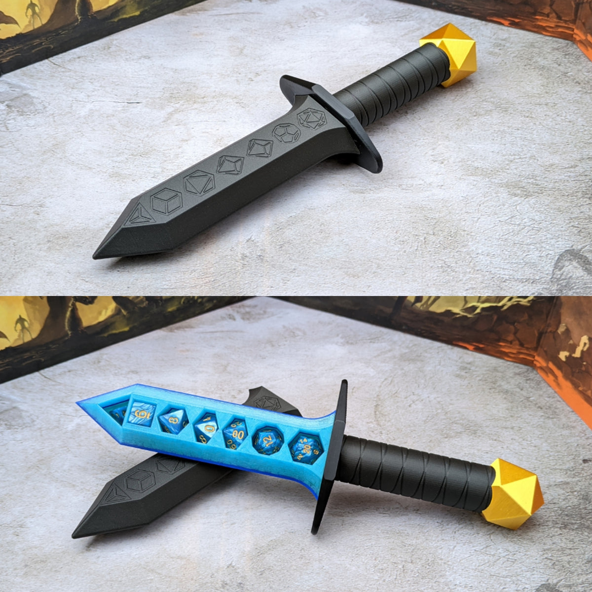 Black dice holding dagger with a gold D20 pommel, sheathed and drawn to show a blue blade holding dice