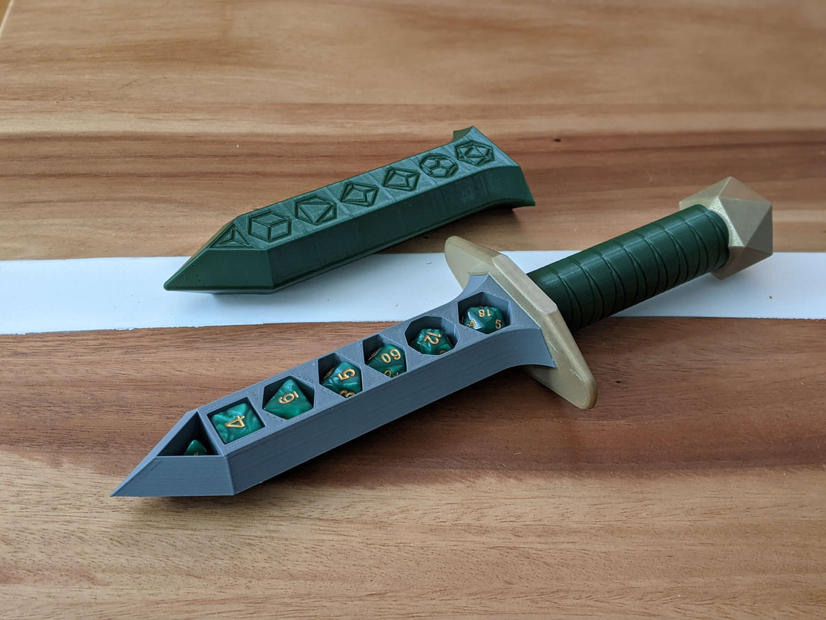 3D-printed dice holding dagger with its green sheath off, showing a set of dice in the blade