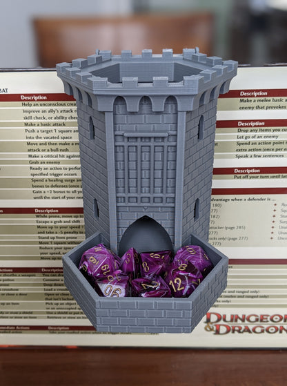 Front view of the castle dice tower on a Dungeons & Dragons DM screen, dice in the tray