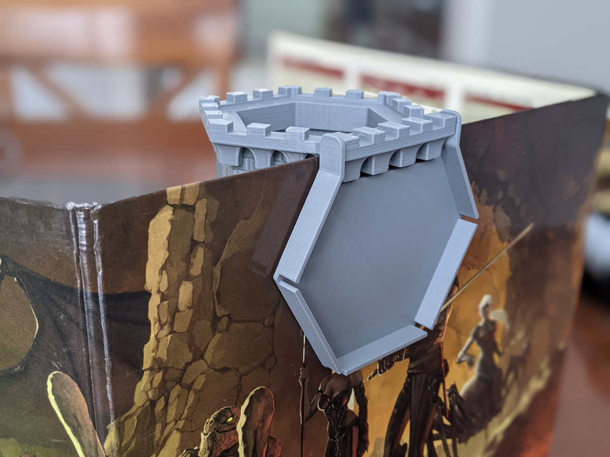 Back of the DM screen dice tower, showing how it slides over the top of the screen