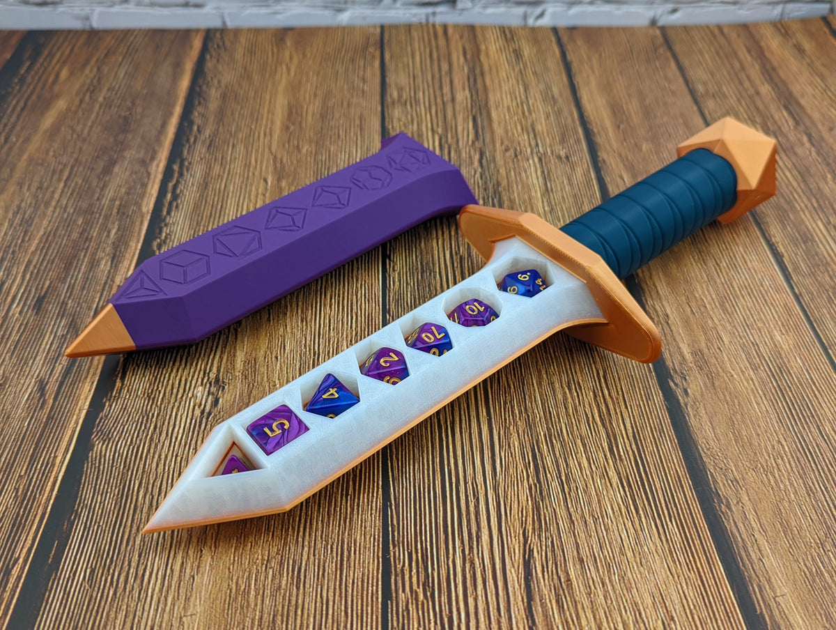 Dice holding dagger printed in white, orange and purple, with seven polyhedral dice in the blade