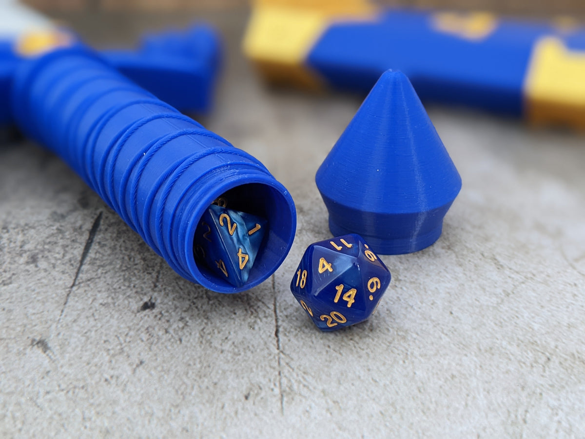 Master Dice Sword pommel removed, showing a spare set of dice stored inside the handle