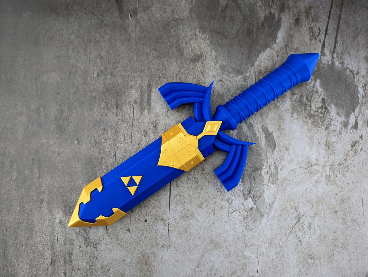 Sheathed blue and gold Master Dice Sword with the Triforce symbol on the sheath