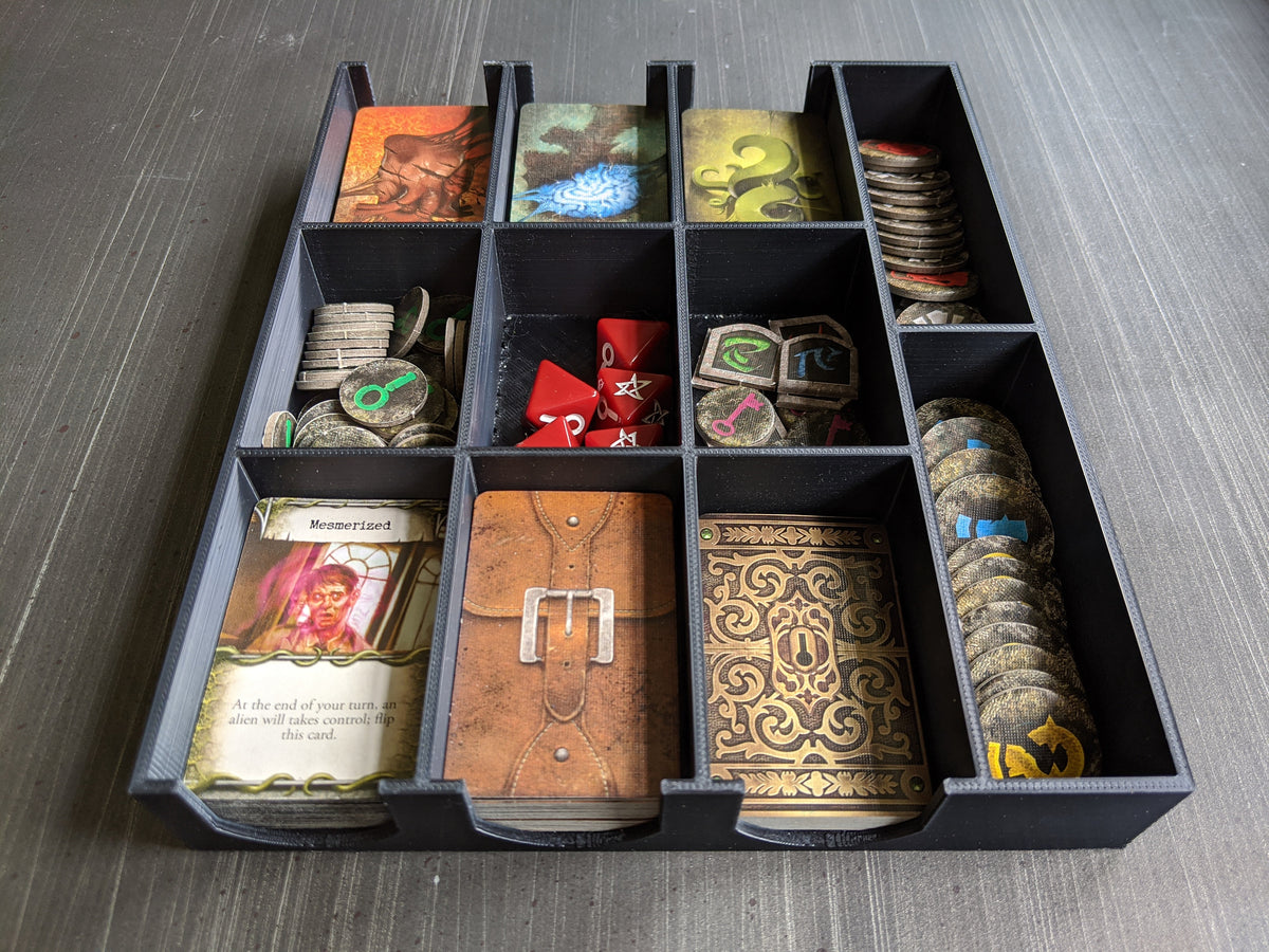 Mansions of Madness card and token organizer tray holding cards, tokens and dice