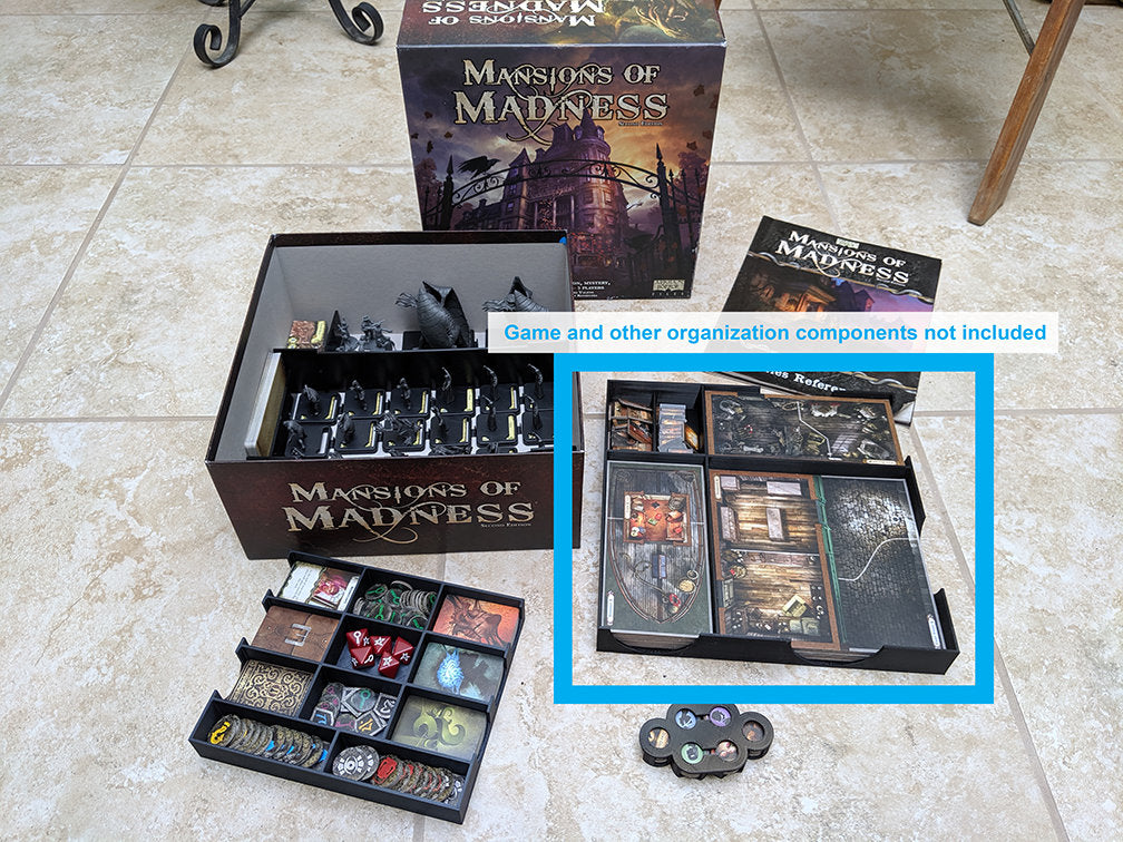 Mansions of Madness map tile tray shown with the full organizer set (game and other sections not included)