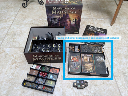 Mansions of Madness map tile tray shown with the full organizer set (game and other sections not included)