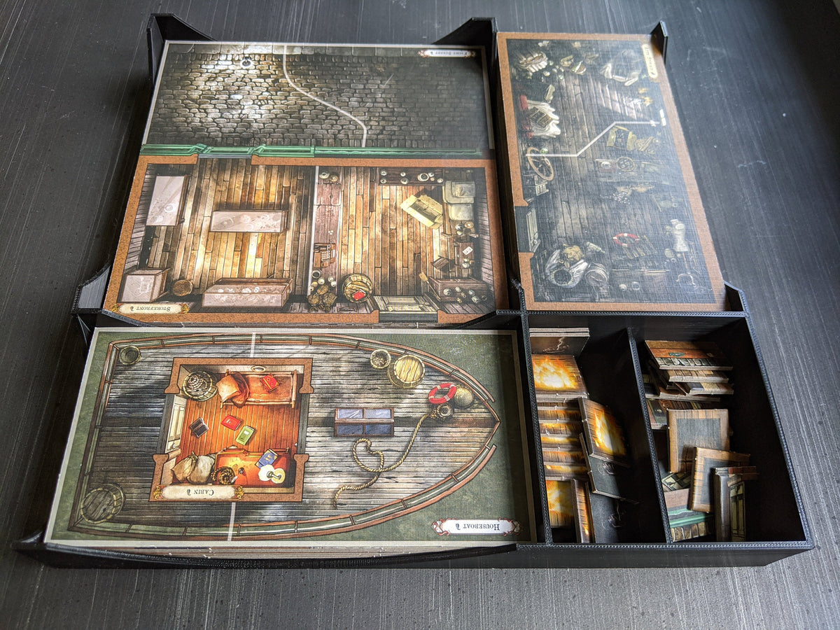 Mansions of Madness map tile organizer tray holding the room tiles and tokens